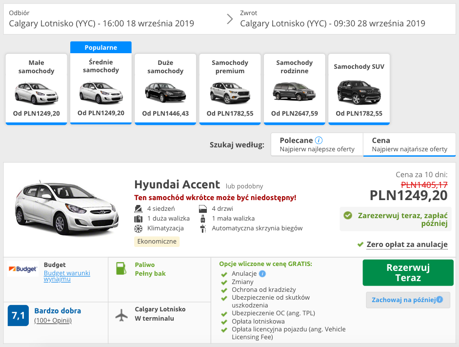 zarezerwuj auto w calgary