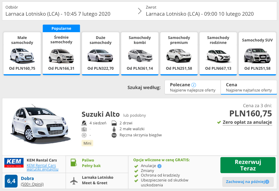 zarezerwuj auto w larnace