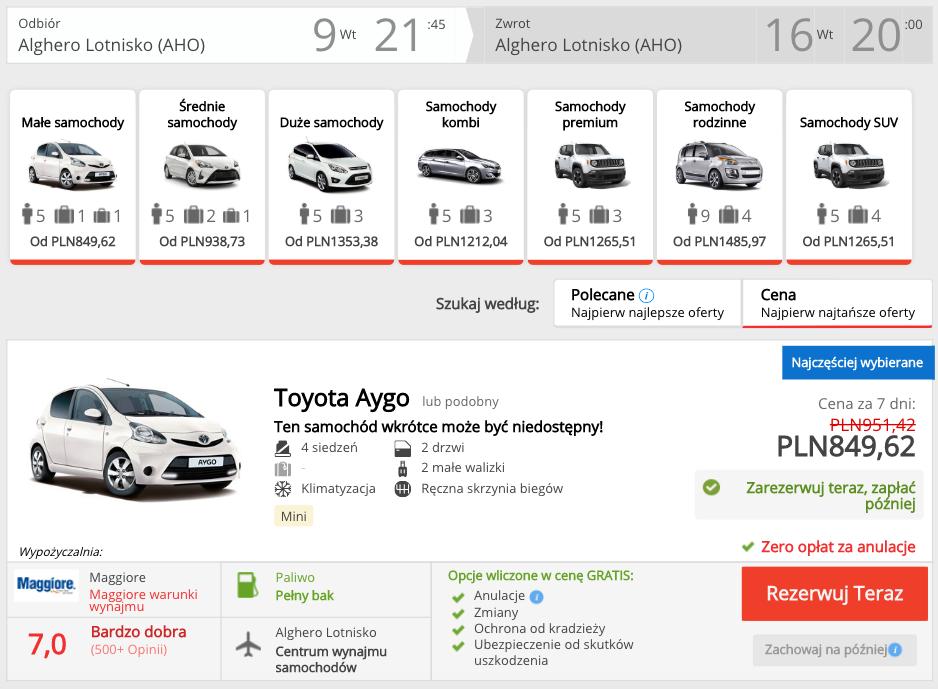 zarezerwuj auto w alghero