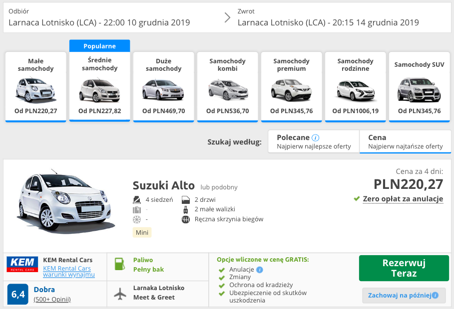 zarezerwuj auto w larnace