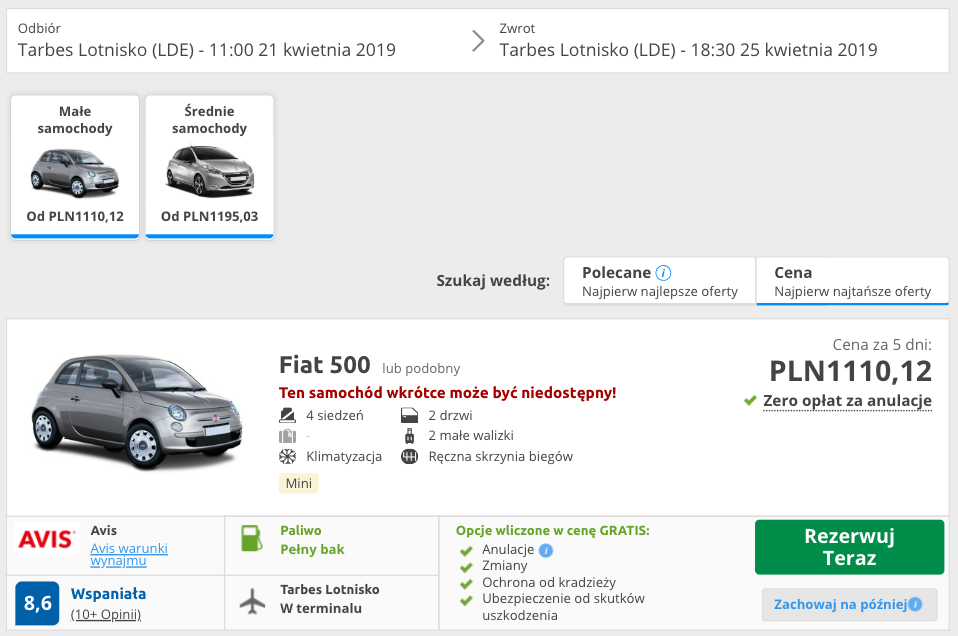 zarezerwuj auto w lourdes