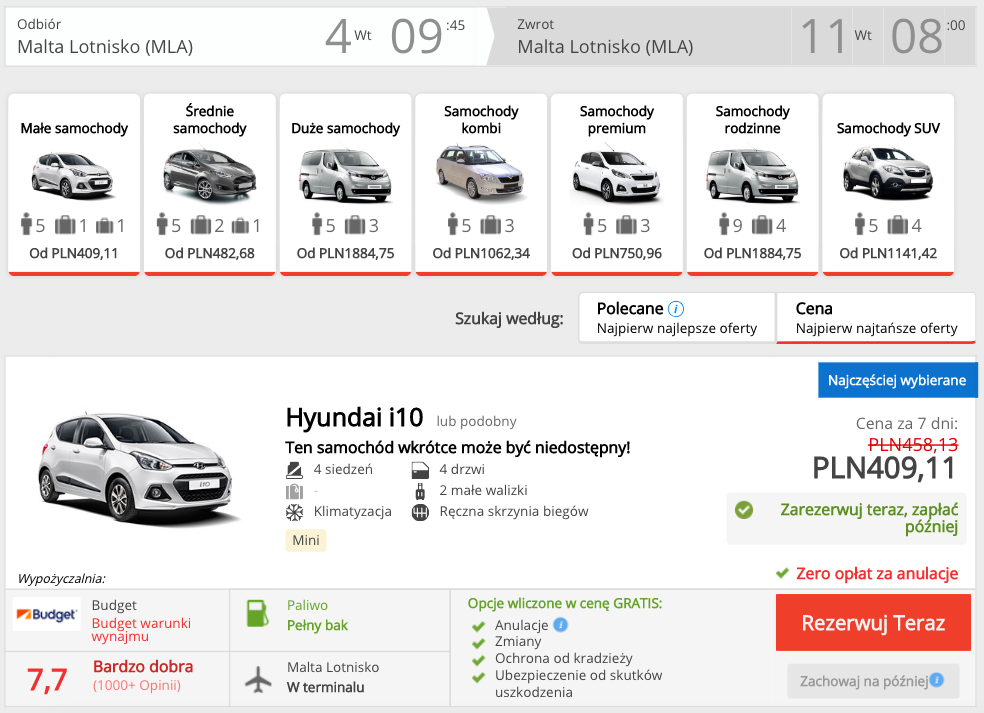 zarezerwuj auto namalcie