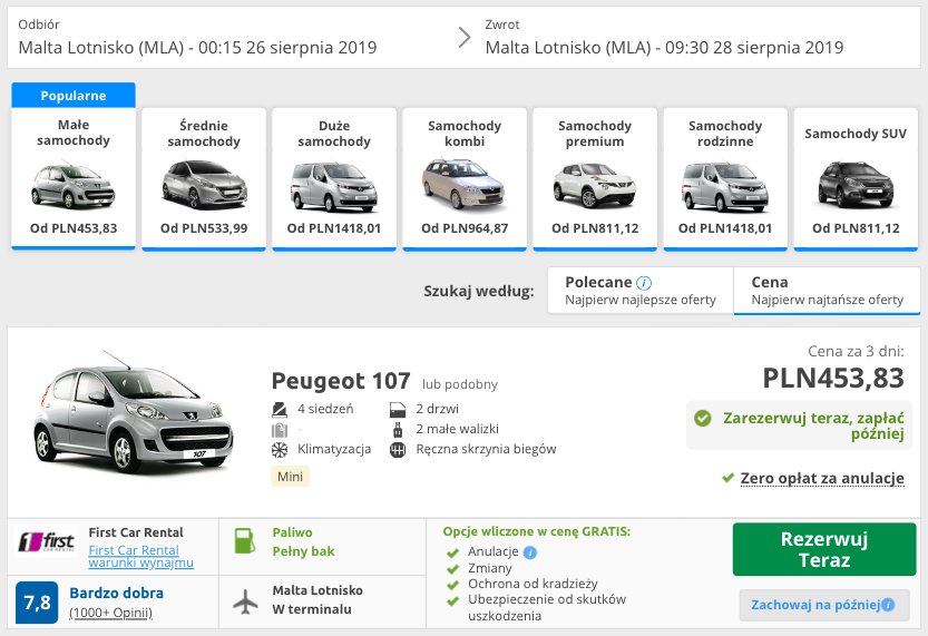 zarezerwuj auto na malcie