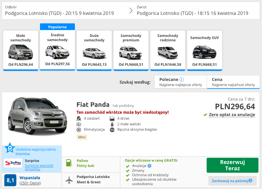 zarezerwuj auto w podgoricy
