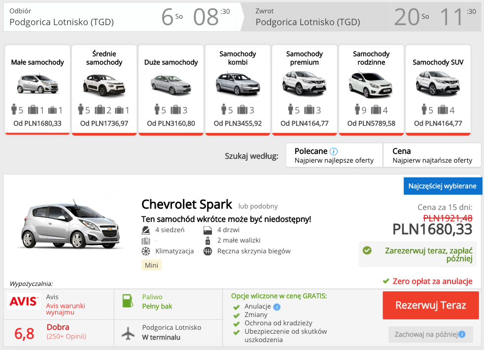 zarezerwuj auto w podgoricy