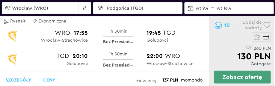 zarezerwuj loty do podgoricy