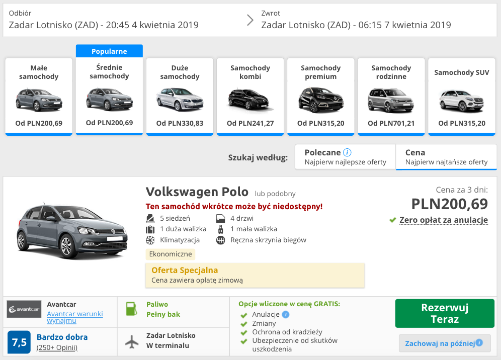 zarezerwuj auto w zadarze