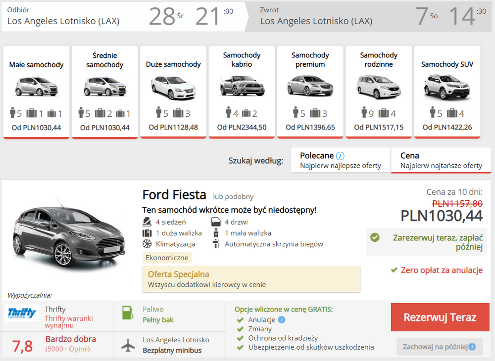 Los Angele auto wypożyczenie