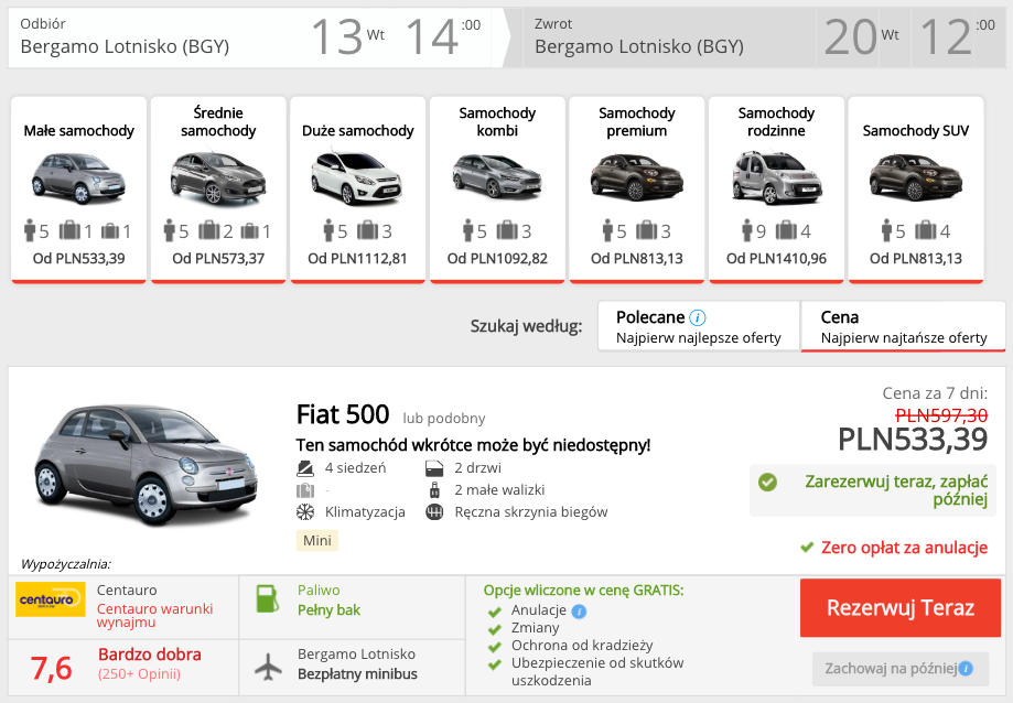 zarezerwuj autow w bergamo