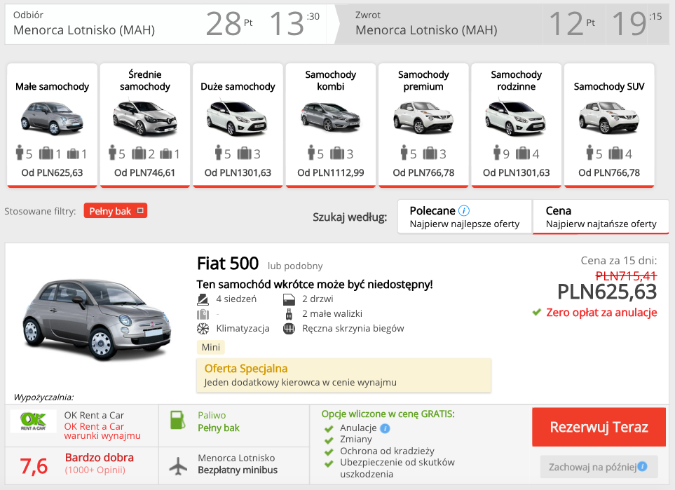 zarezerwuj auto na minorce