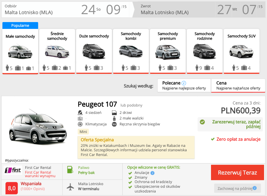 zarezerwuj auto na malcie