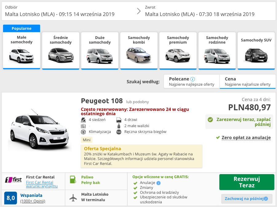 zarezerwuj auto na malcie