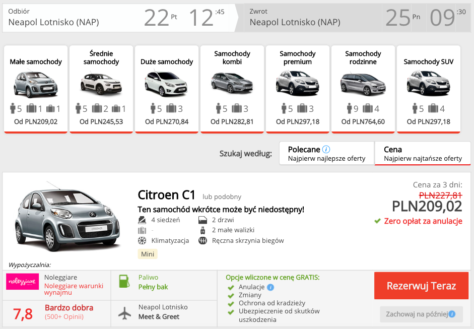 zarezerwuj auto w neapolu