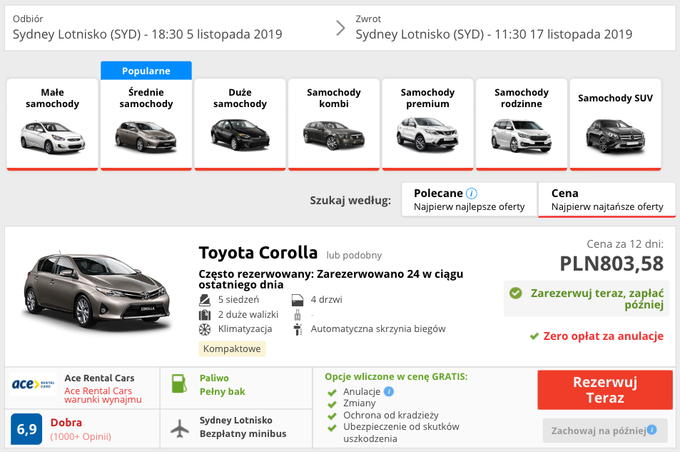 zarezerwuj autow . sydney