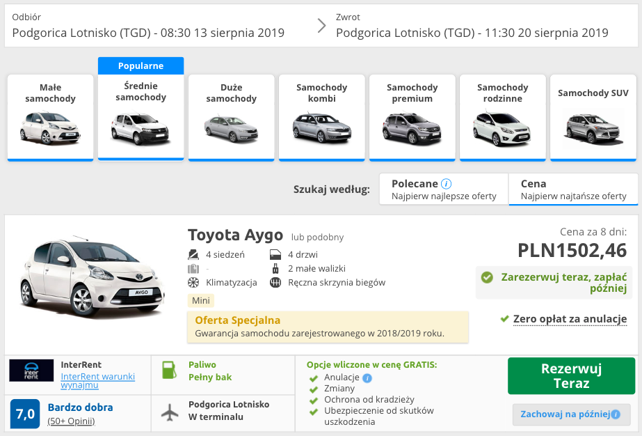 zarezerwuj auto w podgoricy