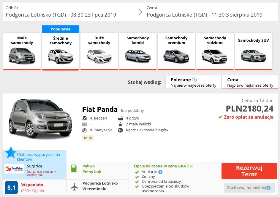 zarezerwuj auto w podgoricy