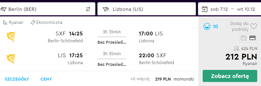 loty do lizbony