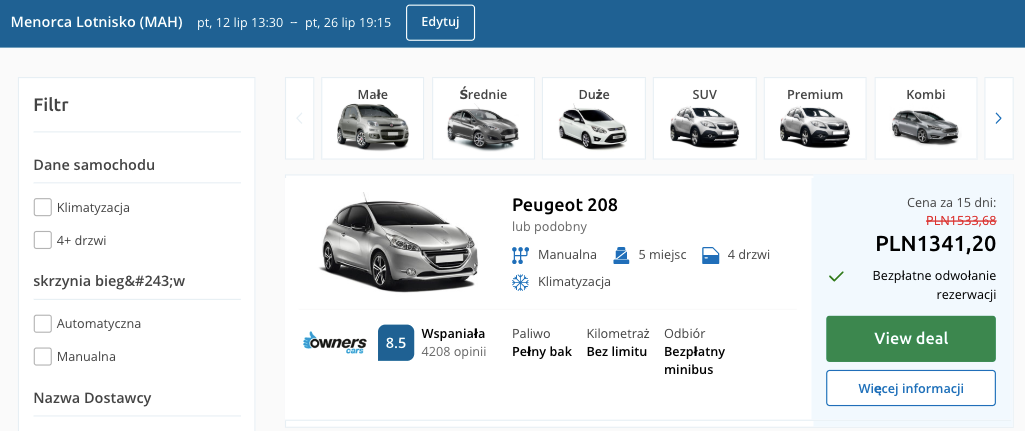 zarezerwuj auto na minorce