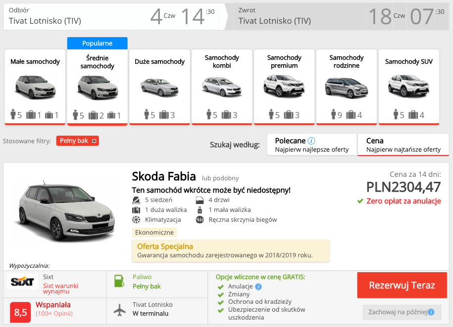zarezerwuj auto w tivat