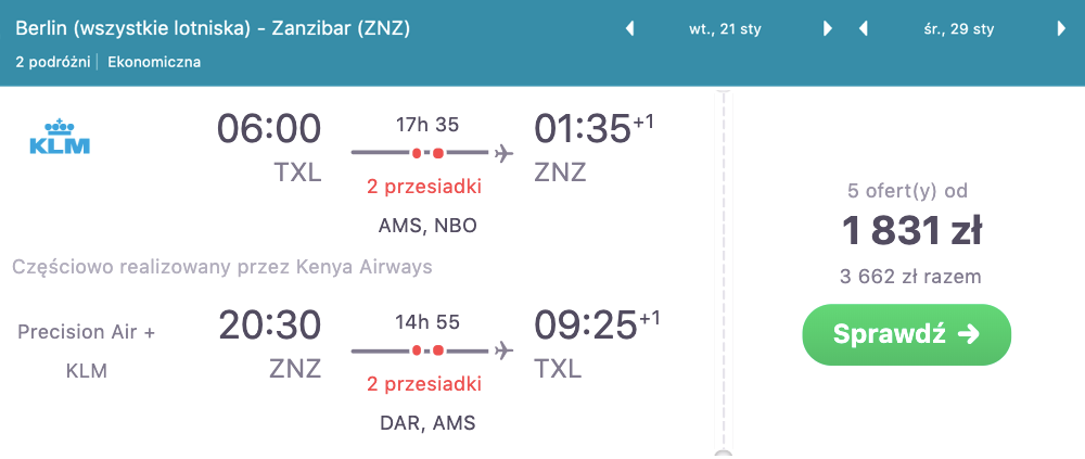zarezerwuj loty na zanzibar