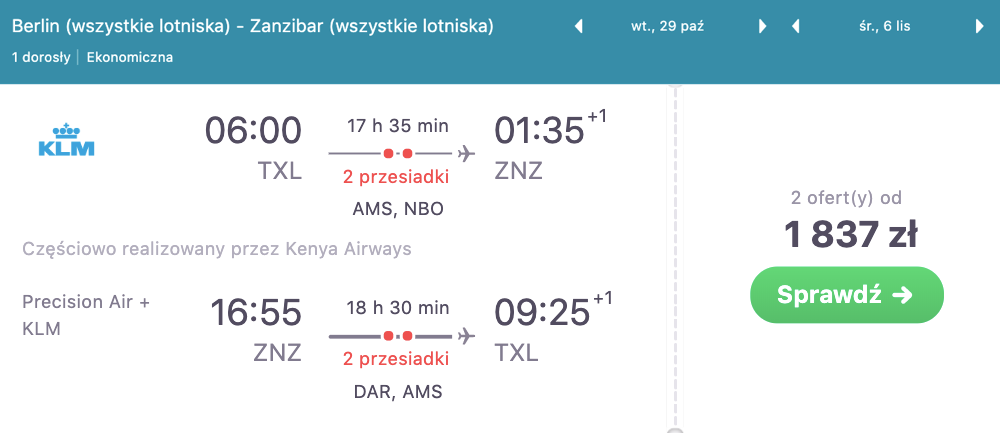 zarezerwuj loty na zanzibar