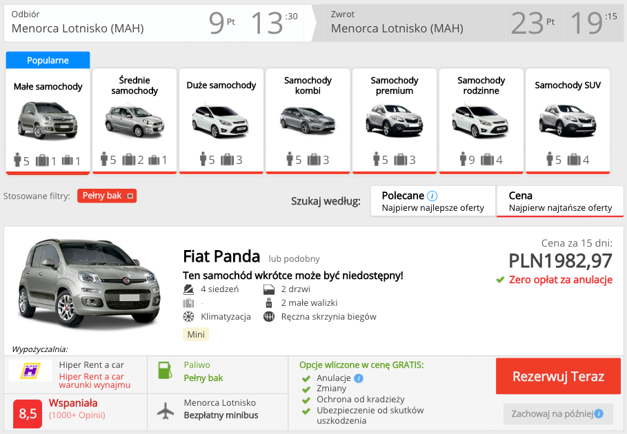 zarezerwuj auto na minorce
