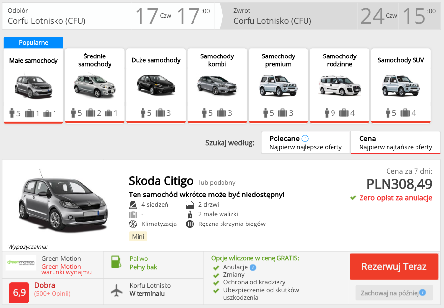 zarezerwuj auto na korfu