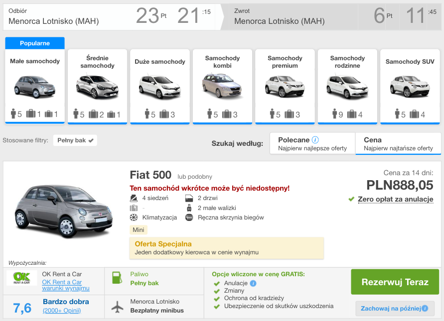 zarezerwuj auto na minorce