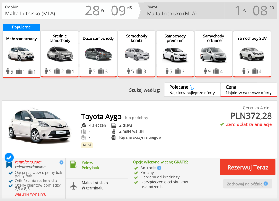 zarezerwuj auto na malcie