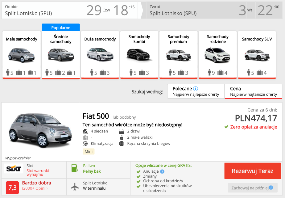 zarezerwuj auto w splicie