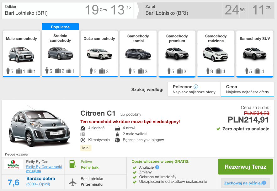 zarezerwuj auto w bari