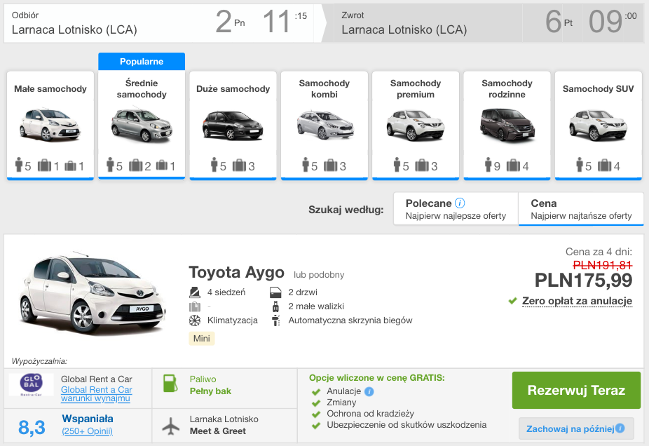 zarezerwuj auto w larnace
