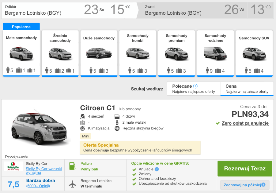 zarezerwuj auto w bergamo