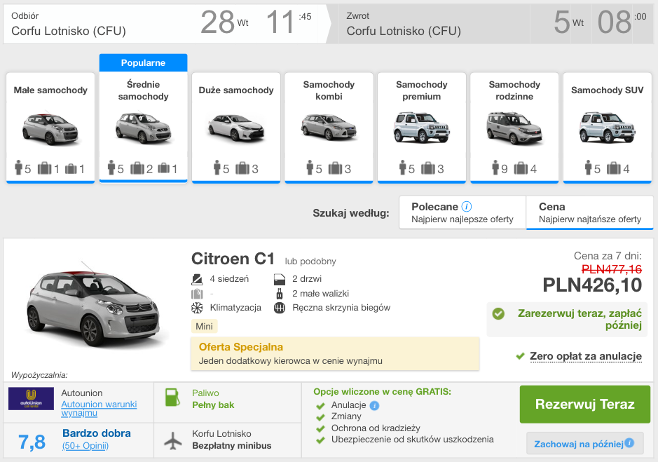 zarezerwuj auto na korfu