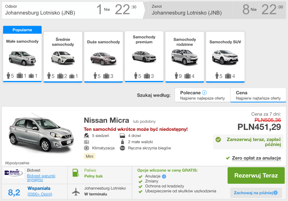 zarezerwuj auto w rpa