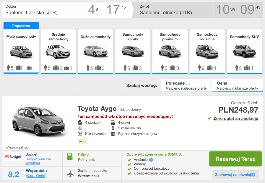 zarezerwuj auto na santorynie