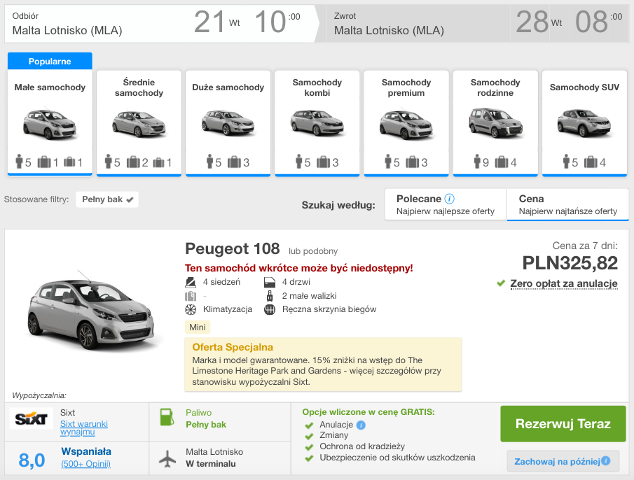 zarezerwuj auto na malcie