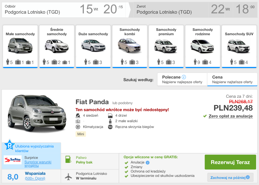 zarezerwuj auto w czarnogorze