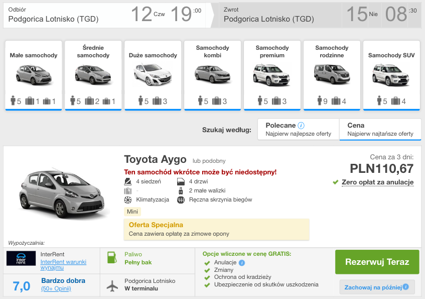 zarezerwuj auto w czarnogorze