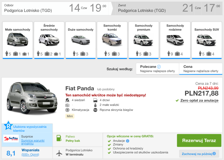 zarezerwuj auto w podgoricy