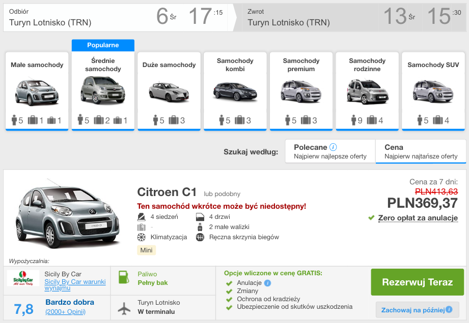 zarezerwuj auto w turynie