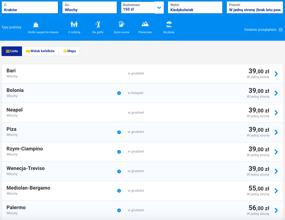 loty do wloch z krakowa