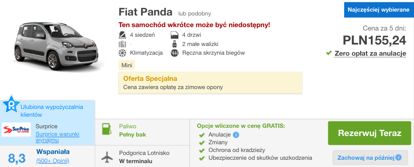 zarezerwuj auto w podgoricy