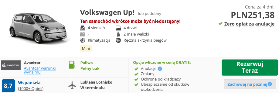 zarezerwuj auto w lublanie