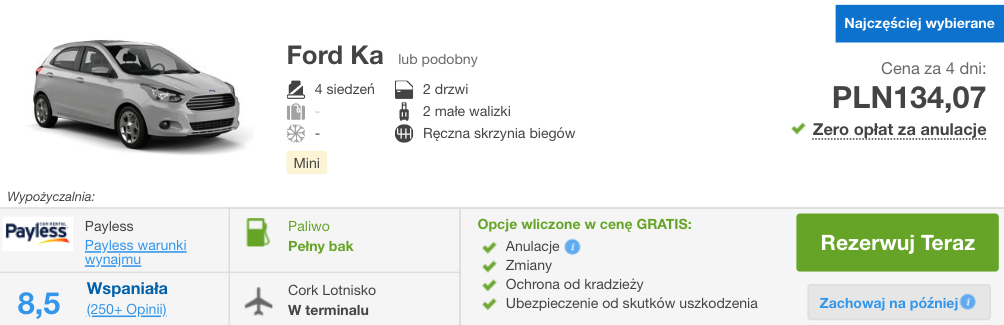 zarezerwuj auto w cork