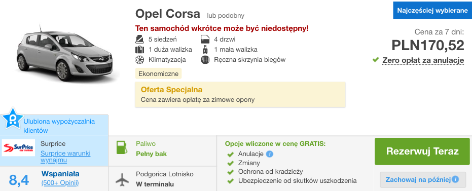 zarezerwuj auto w podgoricy