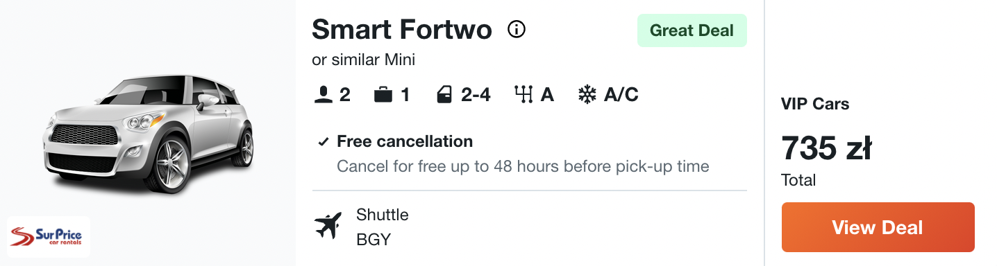 zarezerwuj auto w bergamo