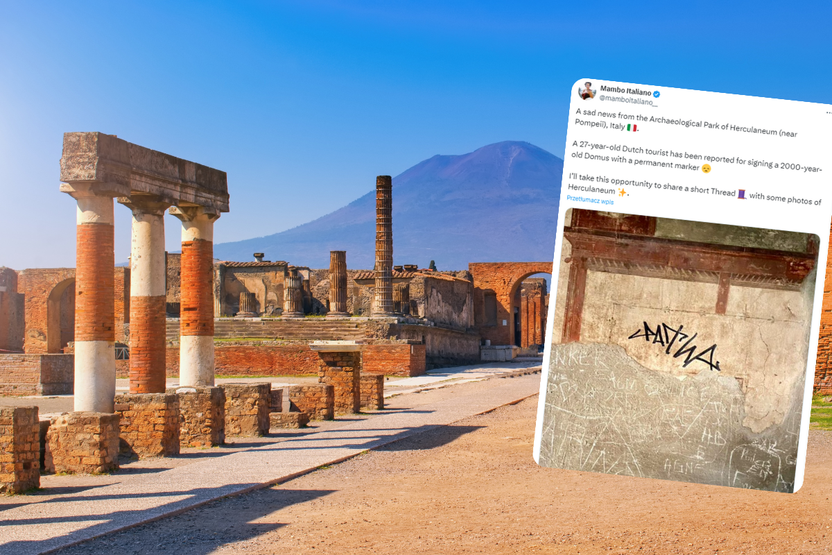 Historyczny budynek wytrzymał erupcję Wezuwiusza. Aż trafił się niesforny turysta, który namalował na nim graffiti