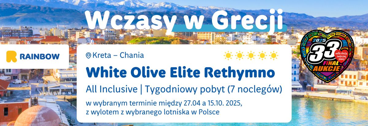#WOŚP33: tygodniowy pobyt dla dwóch osób w Grecji na Krecie w hotelu White Olive Elite Rethymno 5* (all inclusive)