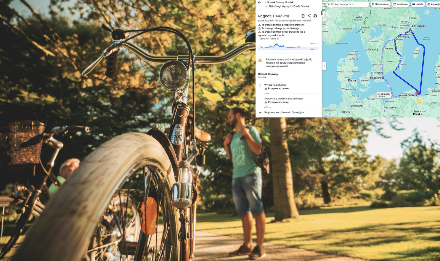 Najkrótsza trasa z centrum Gdańska na plażę według Google Maps? Autem 20 minut, rowerem – 1442 km przez…Szwecję!